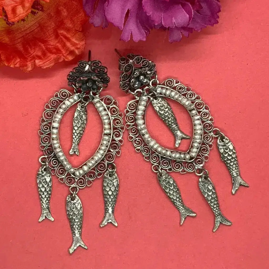Mexican Oaxacan pearl silver filigree fish earrings- Long