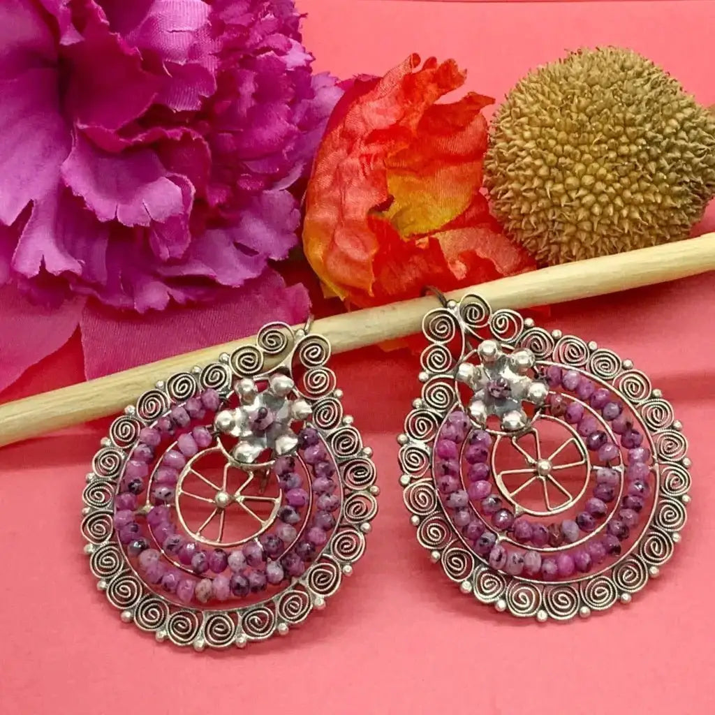 Mexican Oaxacan round amethyst silver filigree earrings