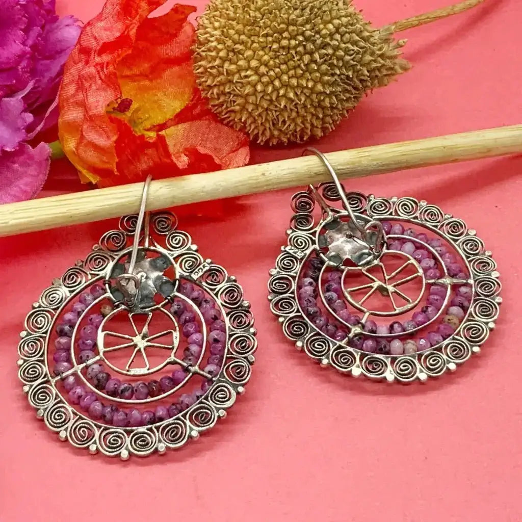 Mexican Oaxacan round amethyst silver filigree earrings