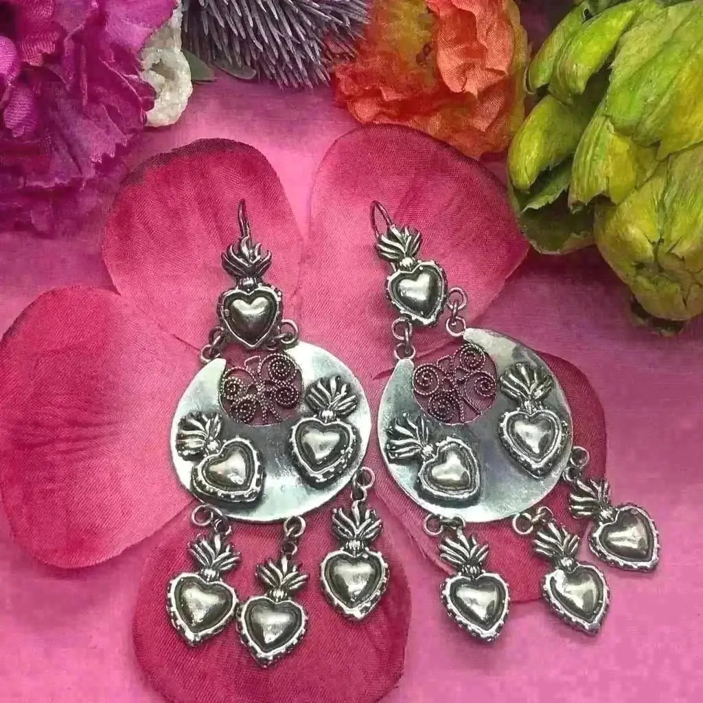 Mexican Oaxacan silver earrings with hearts
