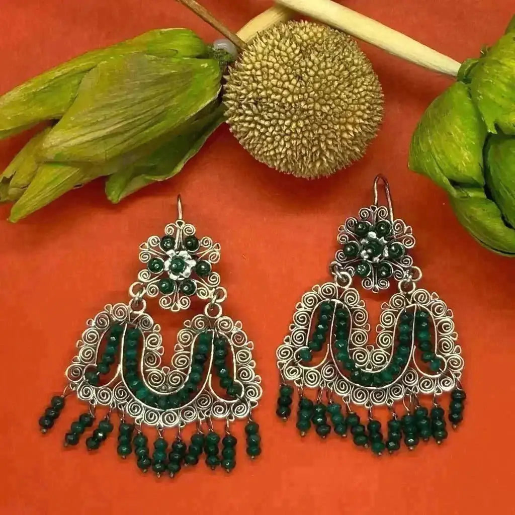 Mexican Oaxacan silver filigree earrings with green stones