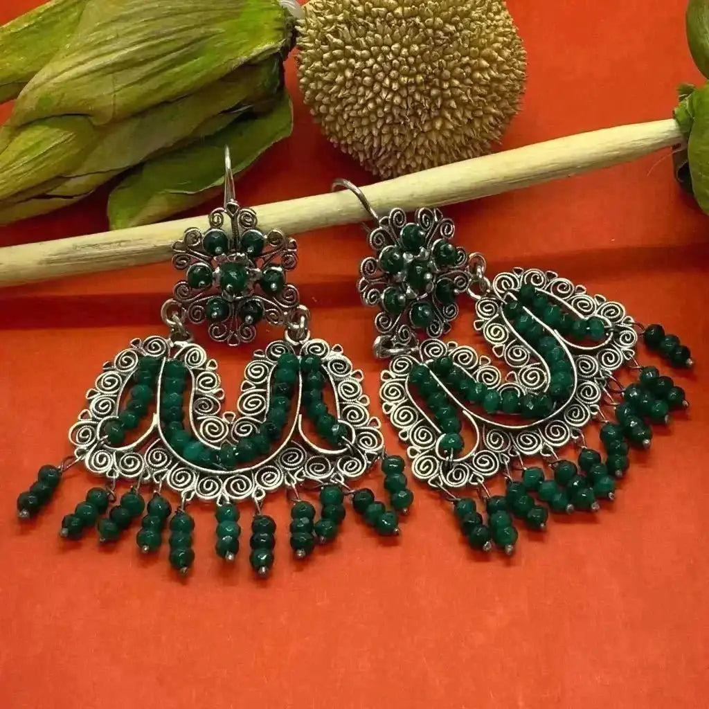 Mexican Oaxacan silver filigree earrings with green stones