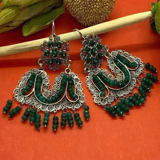 Mexican Oaxacan silver filigree earrings with green stones