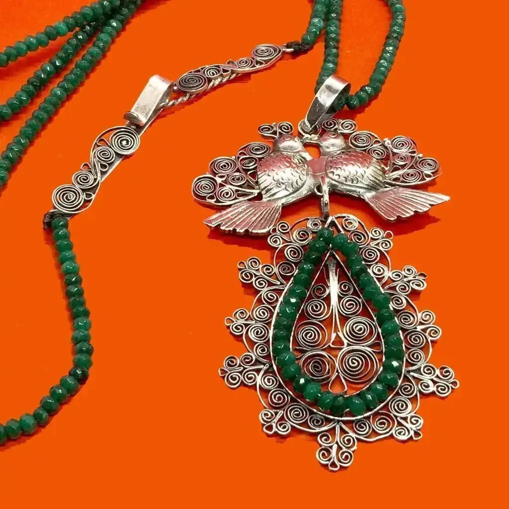Mexican Oaxacan silver necklace with doves and green agate