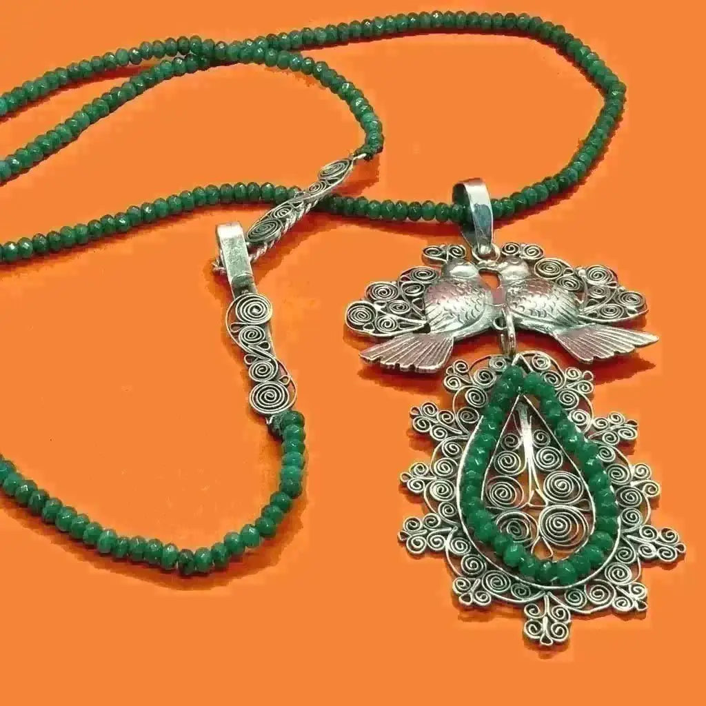 Mexican Oaxacan silver necklace with doves and green agate