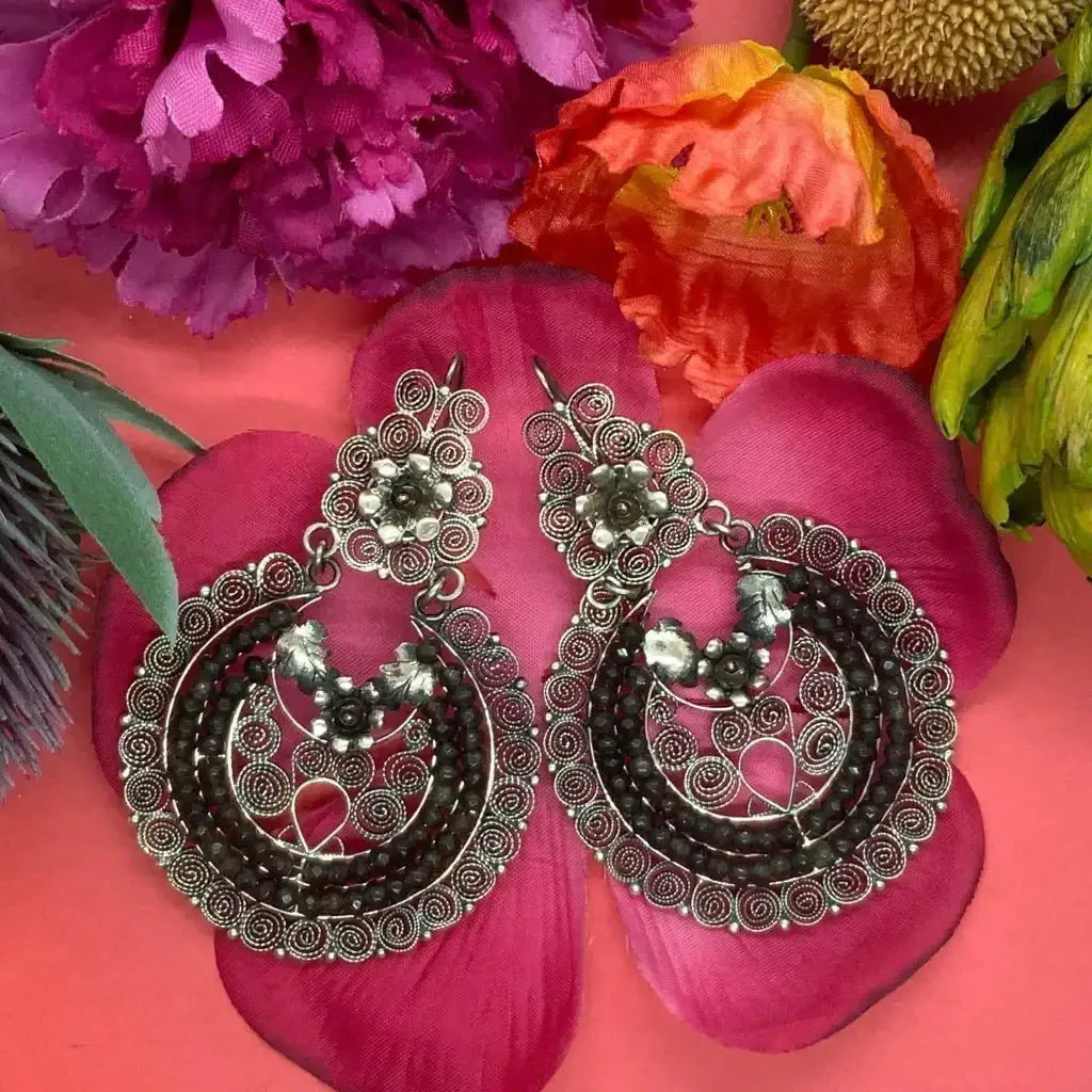 Mexican silver filigree earrings black onyx Frida