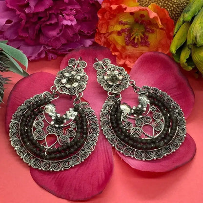 Mexican silver filigree earrings black onyx Frida
