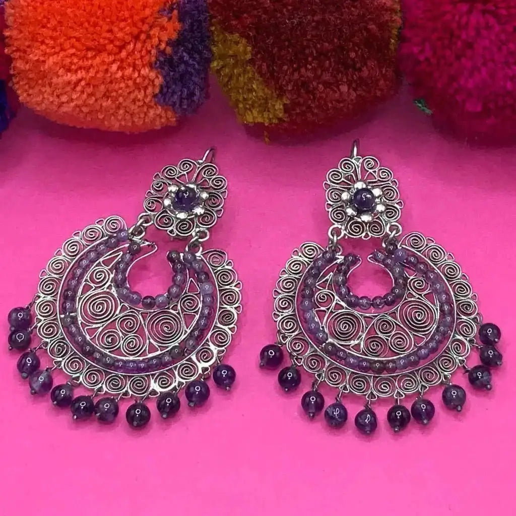 Mexican silver filigree earrings light amethyst Frida