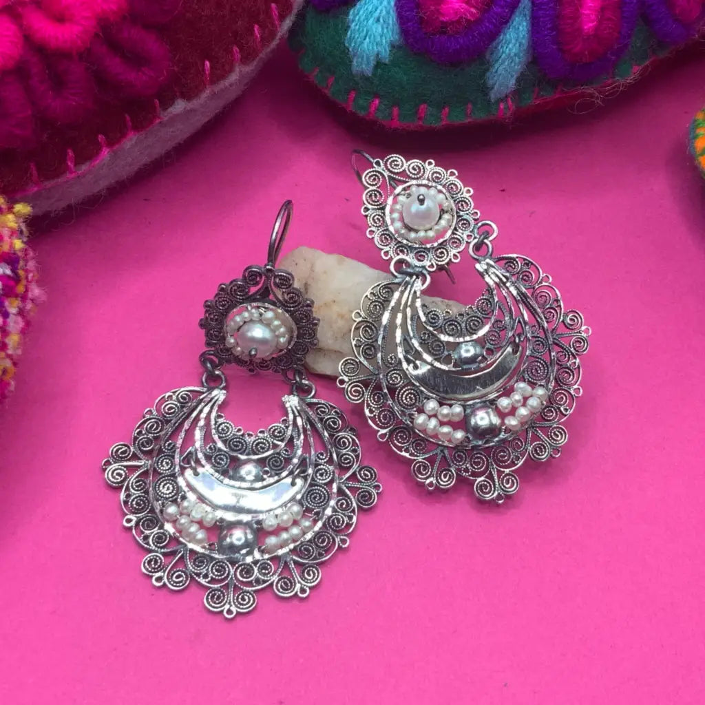 Mexican silver filigree earrings with pearls