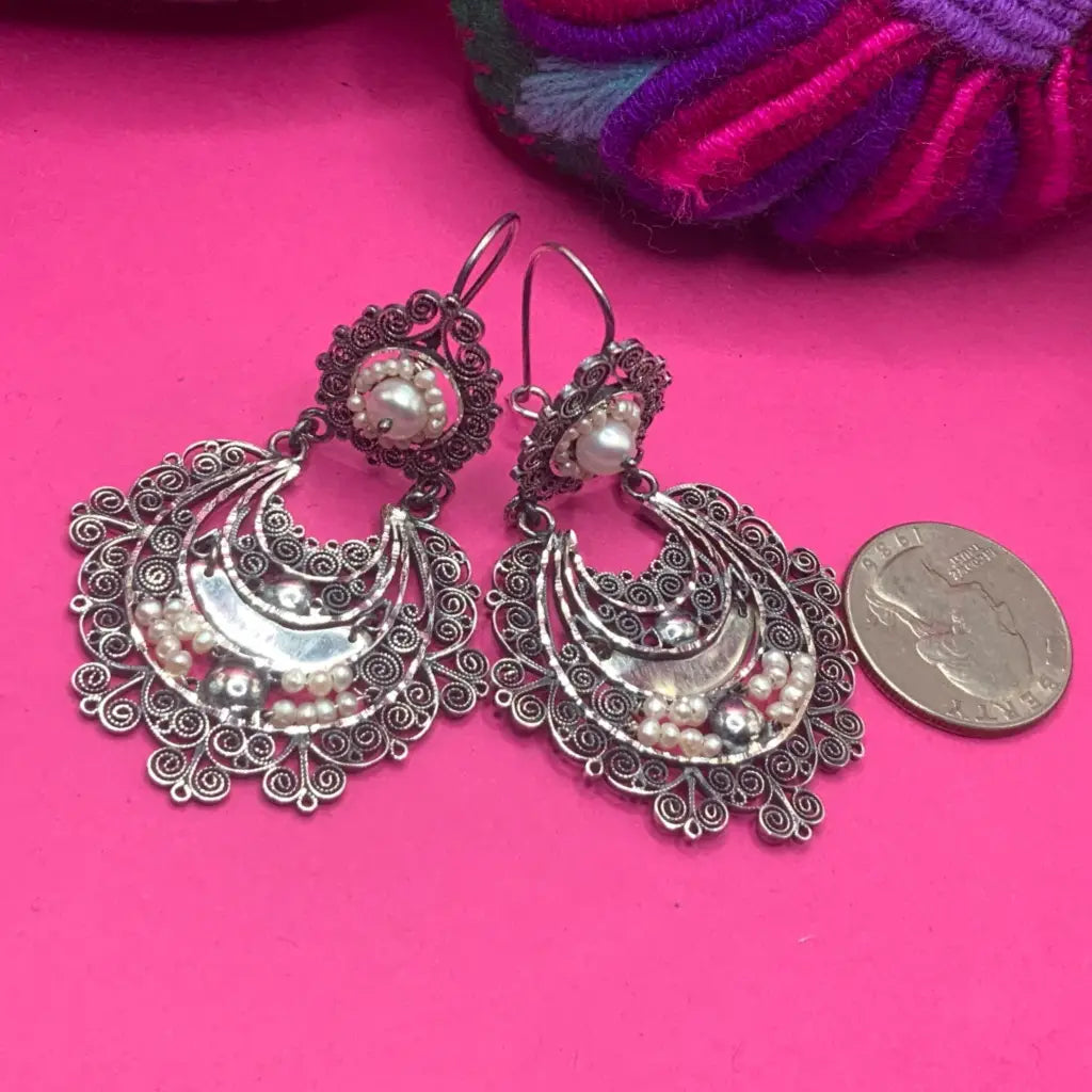 Mexican silver filigree earrings with pearls