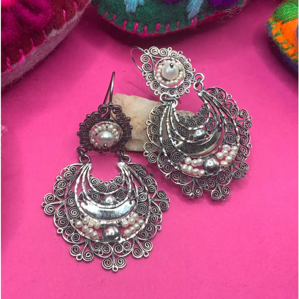 Mexican silver filigree earrings with pearls