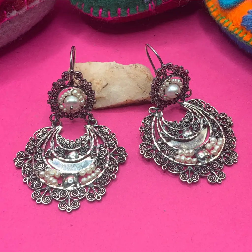 Mexican silver filigree earrings with pearls