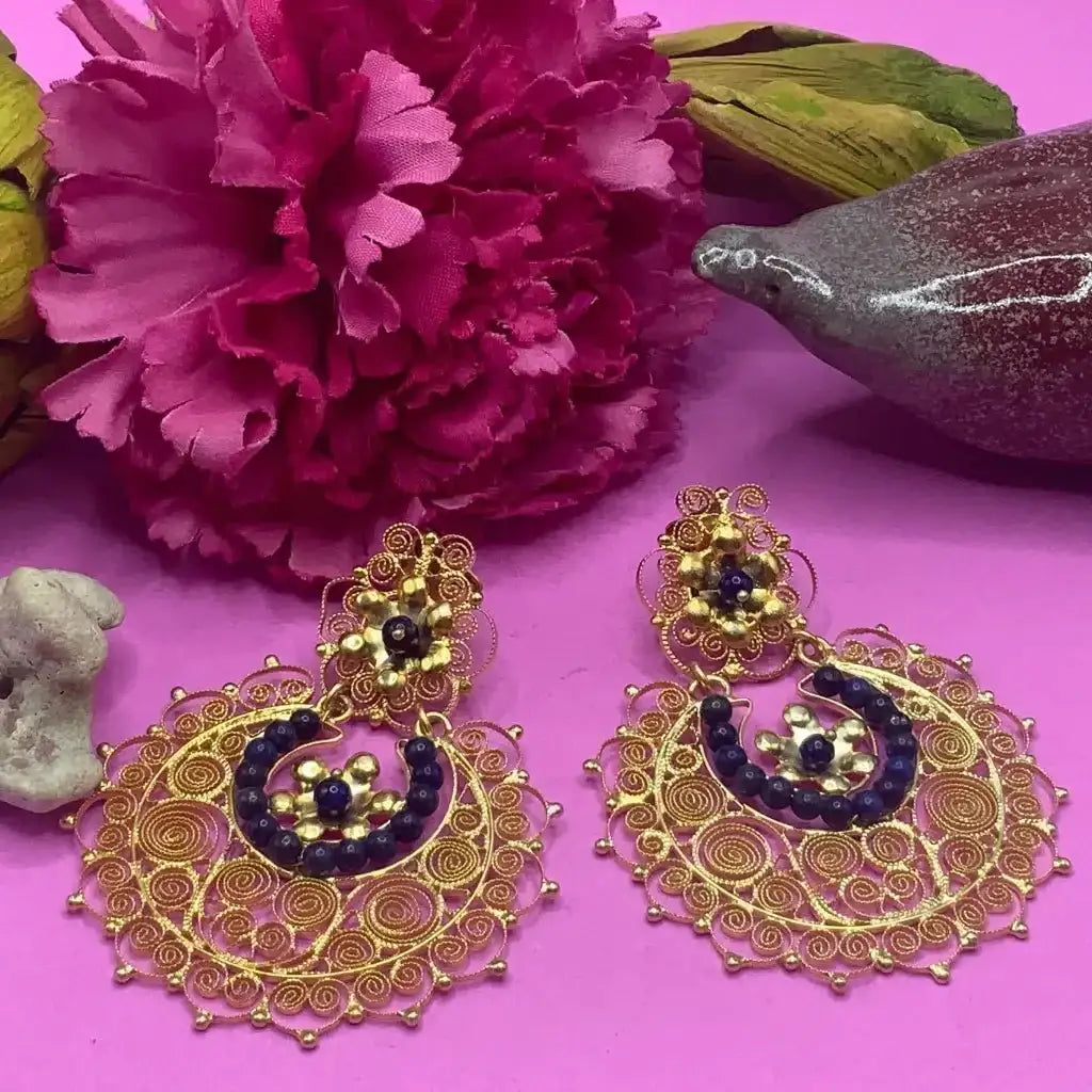 Mexican vintage gold earrings with lapis lazuli