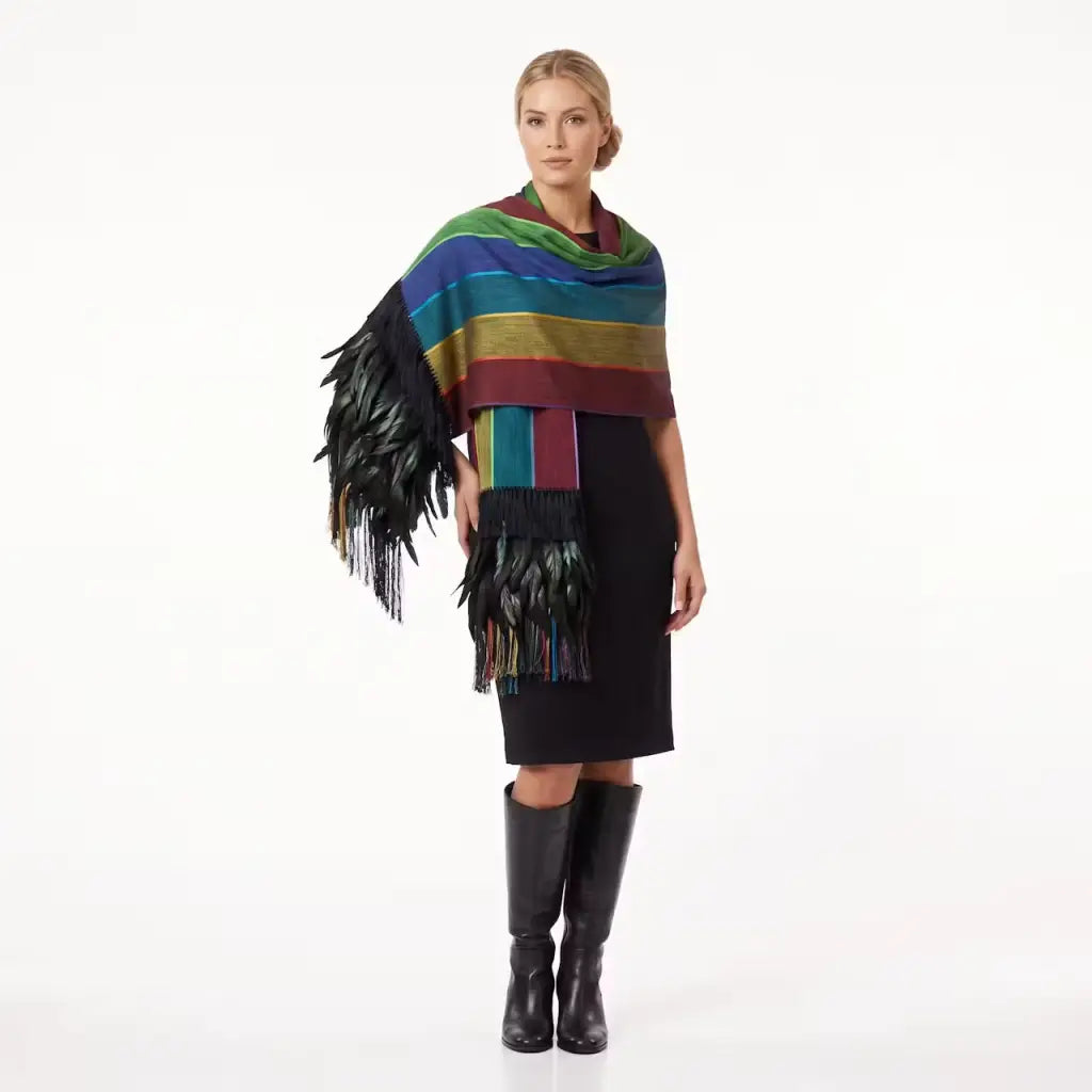 Mullti stripe Purepecha Rebozo with fringe and feathers