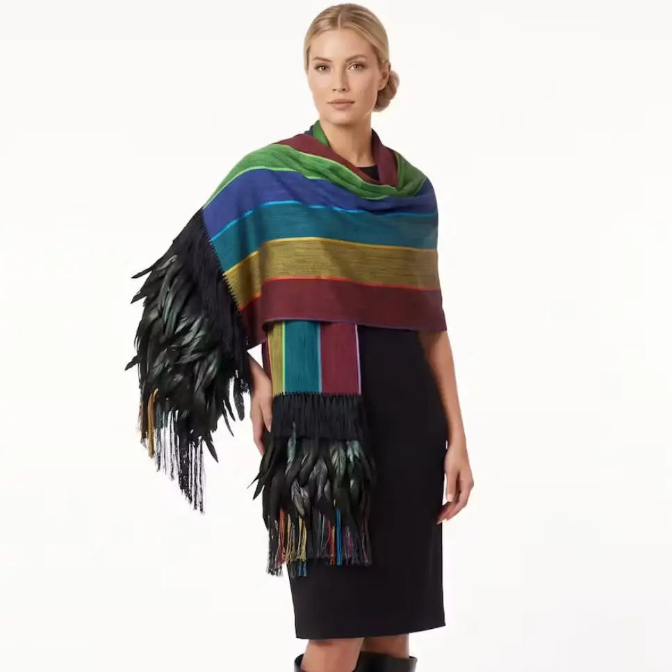 Mullti stripe Purepecha Rebozo with fringe and feathers
