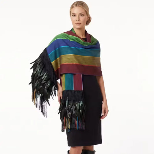 Mullti stripe Purepecha Rebozo with fringe and feathers