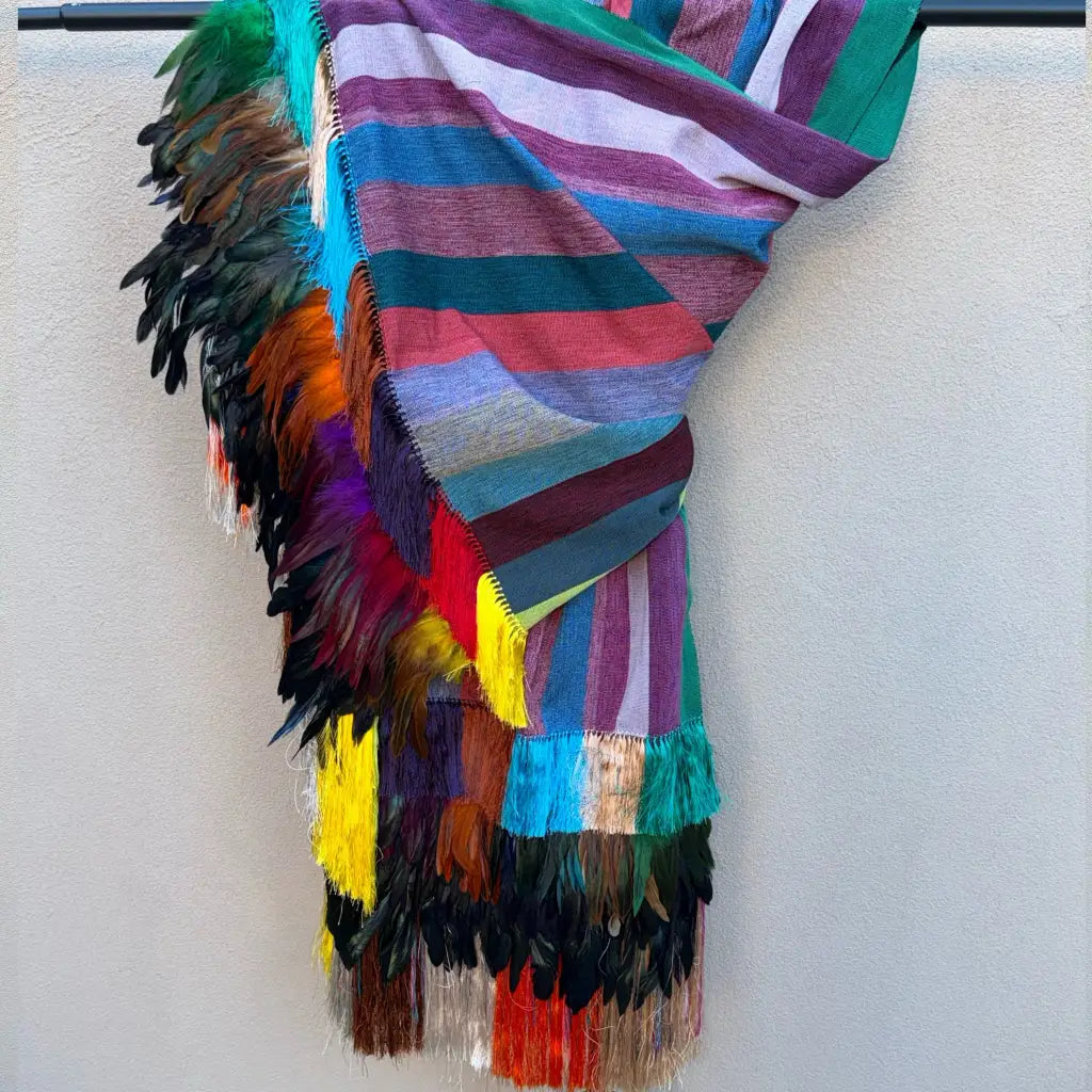 Multi color Purepecha rebozo with fringe and feathers