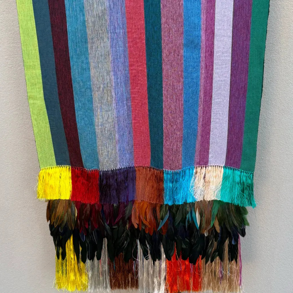 Multi color Purepecha rebozo with fringe and feathers