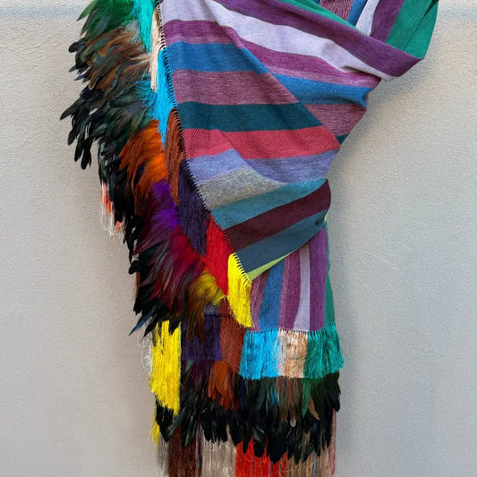 Multi color Purepecha rebozo with fringe and feathers