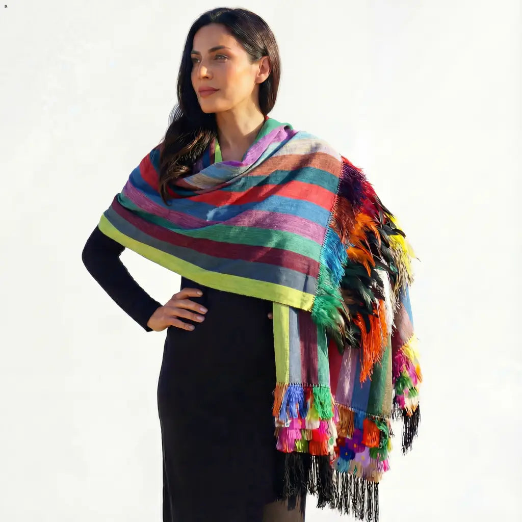 Multi color Purepecha rebozo with fringe and feathers