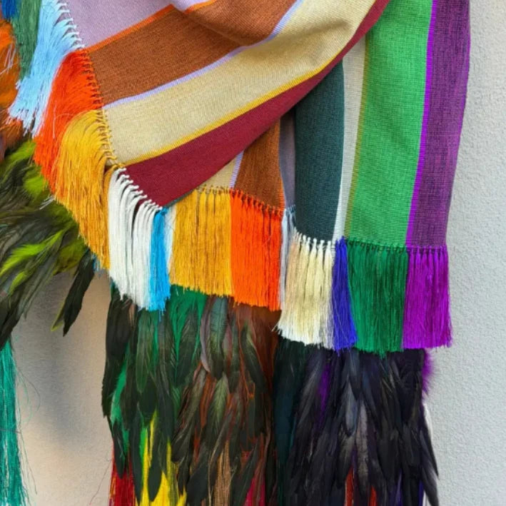 Multi color Purepecha rebozo with fringe and feathers
