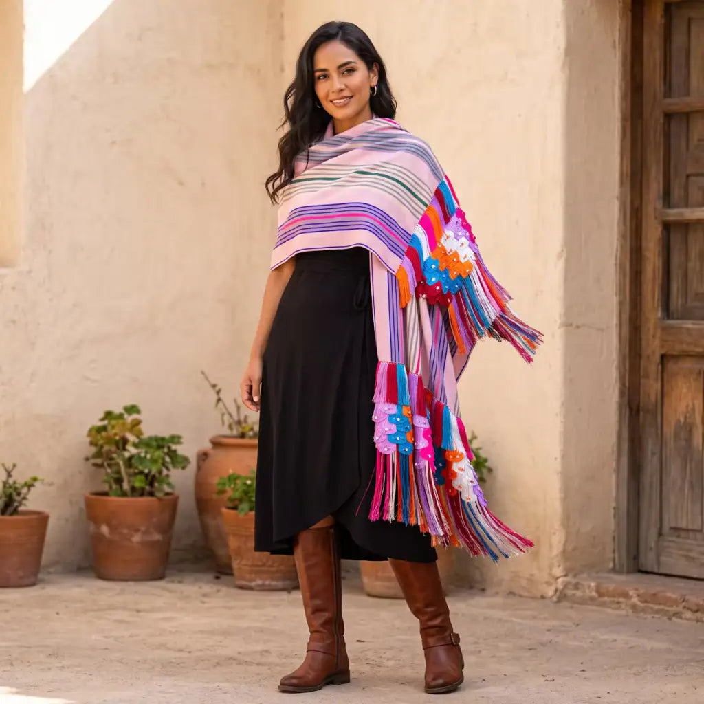 Multi stripe Purepecha Rebozo with fringe from Michoacán