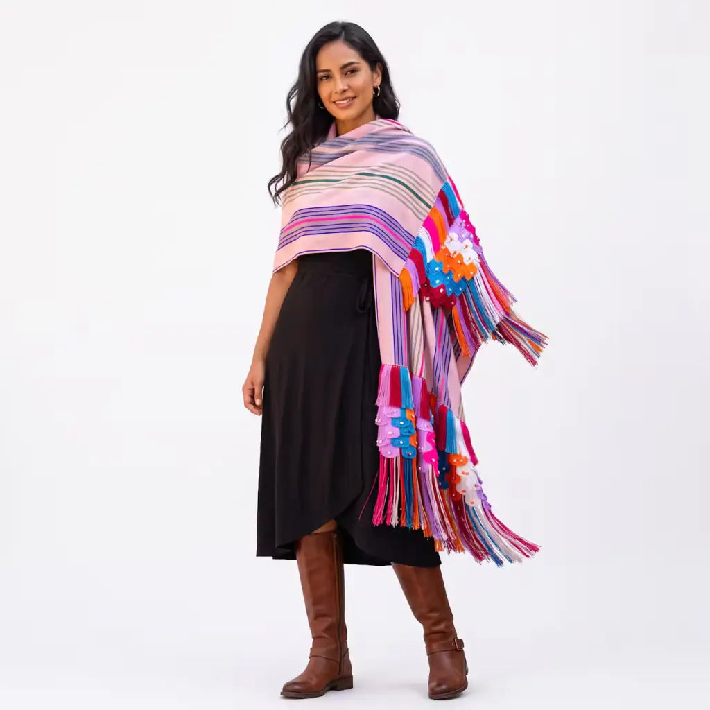 Multi stripe Purepecha Rebozo with fringe from Michoacán