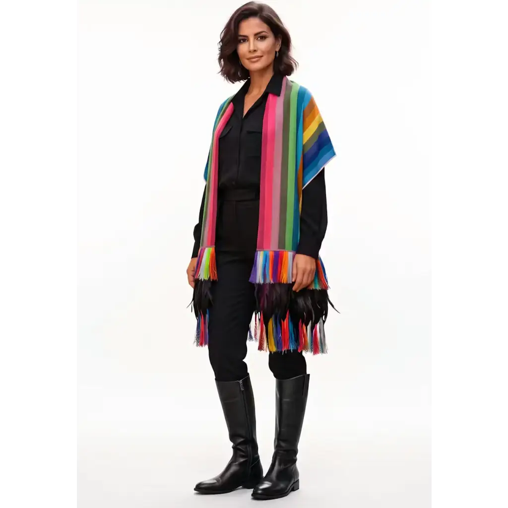 Multi stripe rebozo from Michoacán with fringe and feathers