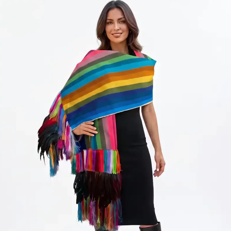 Multi stripe rebozo from Michoacán with fringe and feathers