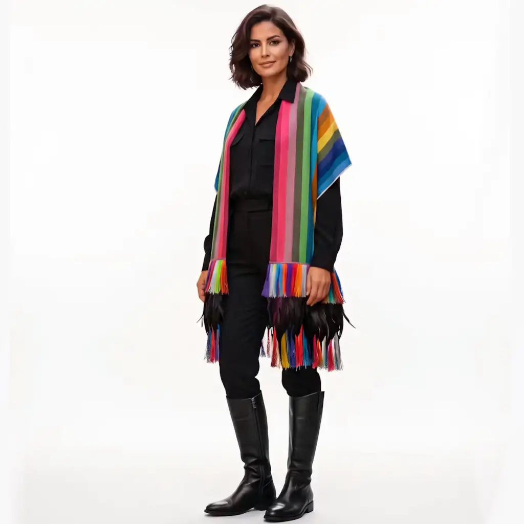 Multi stripe rebozo from Michoacán with fringe and feathers