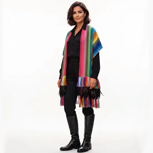 Multi stripe rebozo from Michoacán with fringe and feathers