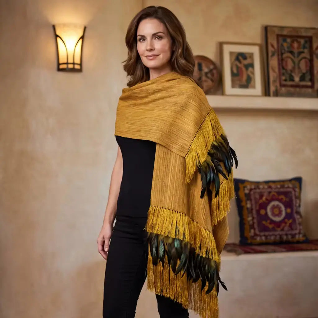 Mustard Purepecha Rebozo with fringe and feathers