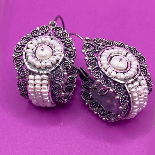 Oaxaca hoop filigree earrings with pearls-Frida Kahlo