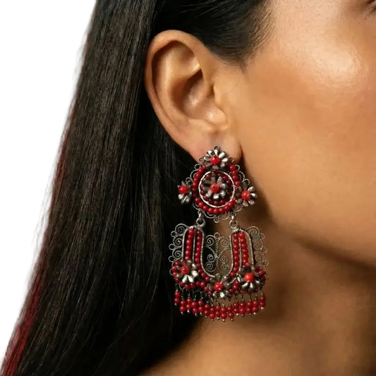 Oaxacan Filigree Sterling Silver Coral Earrings, Handmade