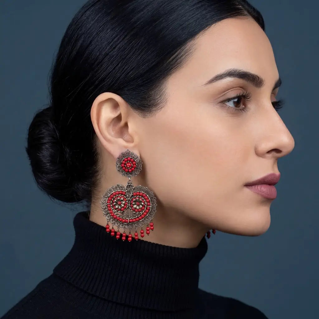 Oaxacan Filigree Earrings with Coral, Handmade Sterling