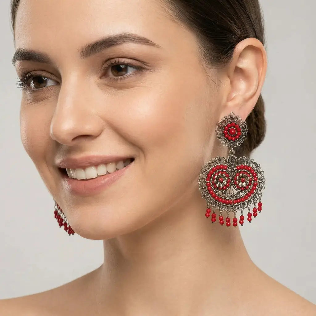 Oaxacan Filigree Earrings with Coral, Handmade Sterling