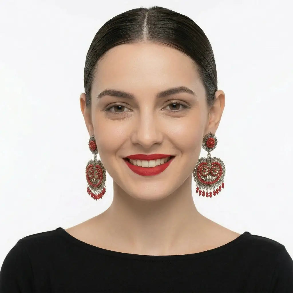 Oaxacan Filigree Earrings with Coral, Handmade Sterling