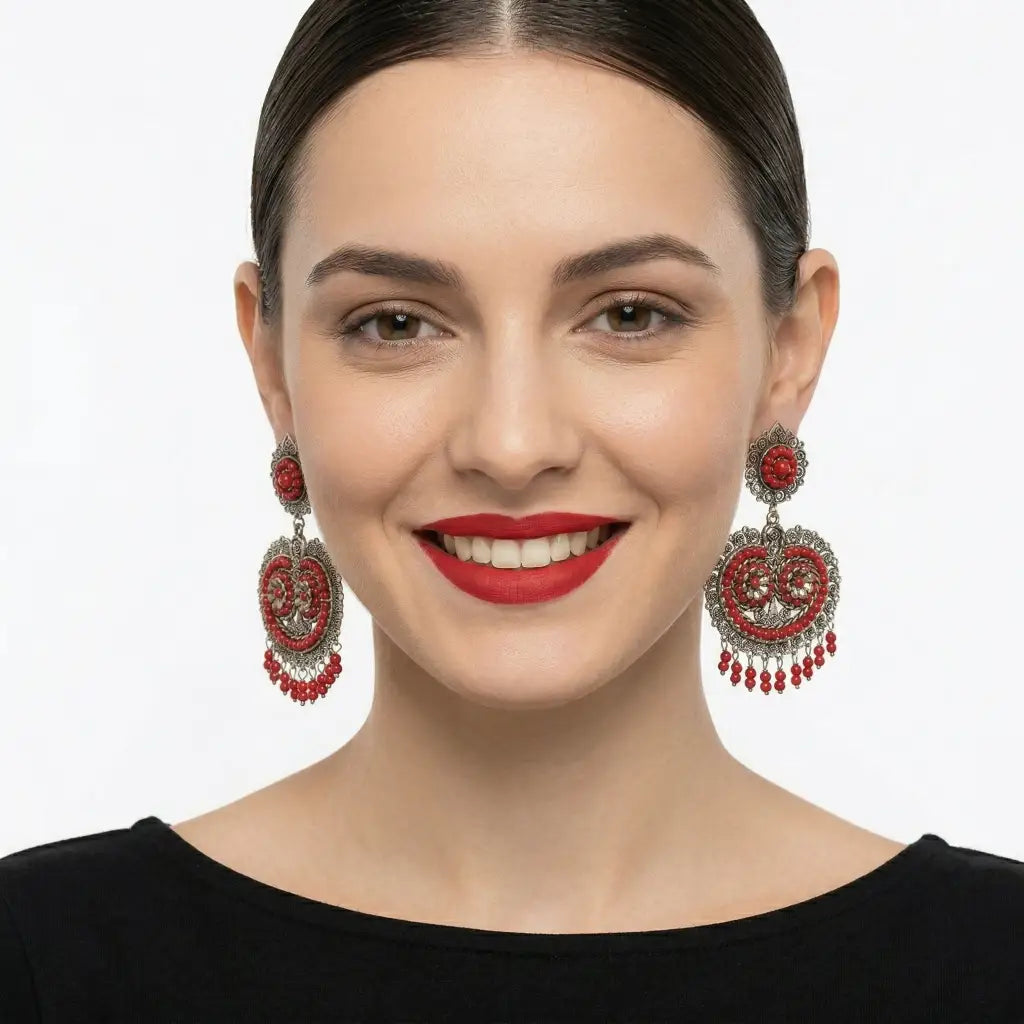 Oaxacan Filigree Earrings with Coral, Handmade Sterling