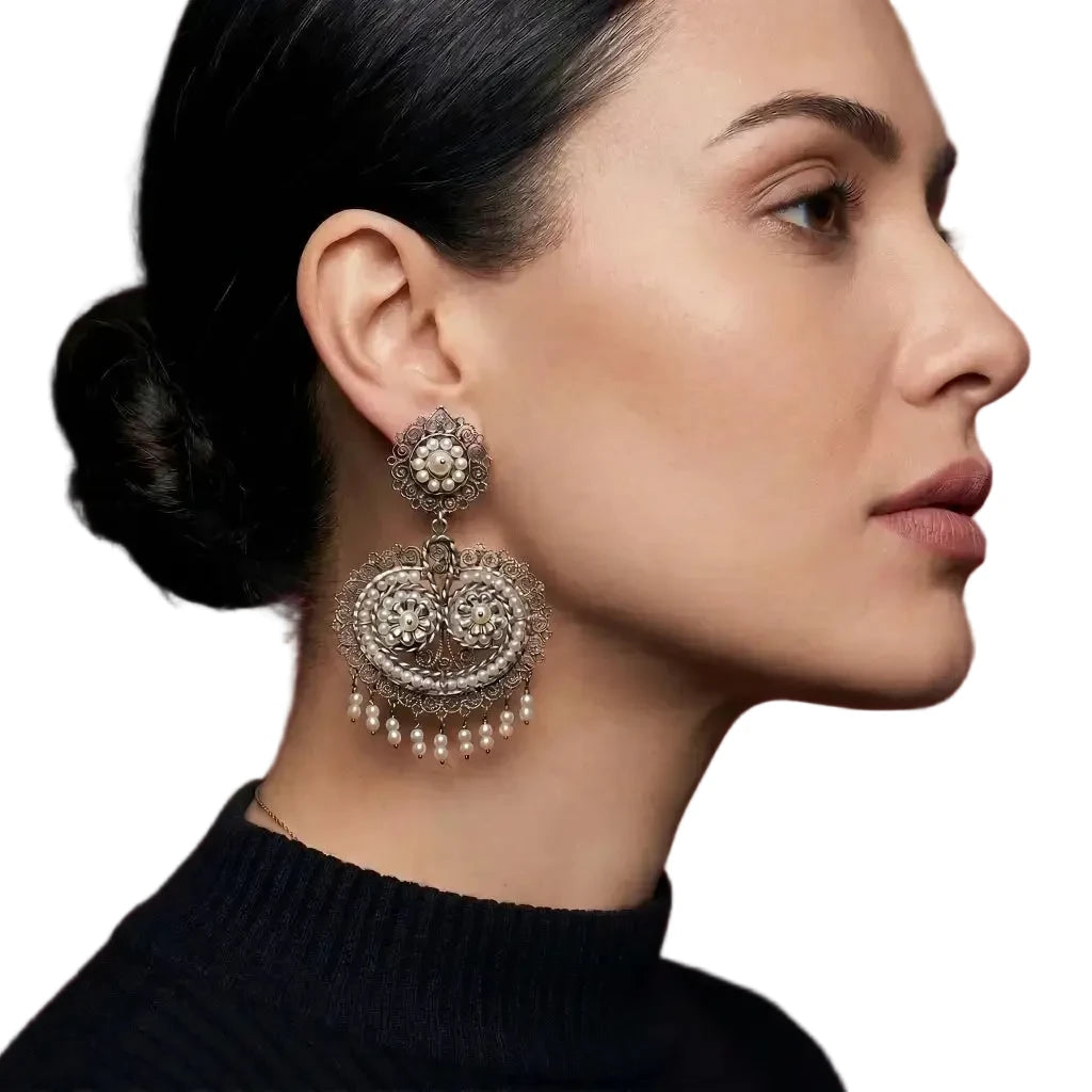 Oaxacan Filigree Sterling Silver Earrings with Pearl,