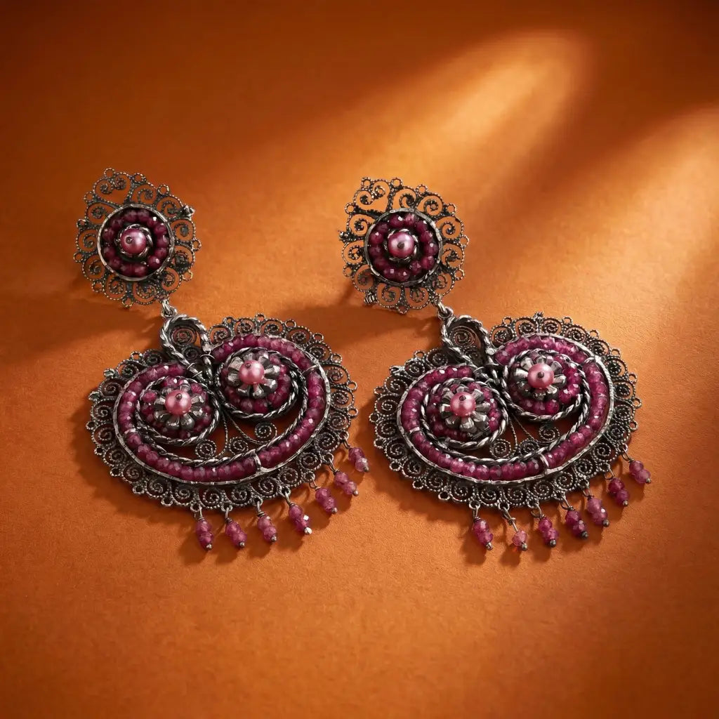 Oaxacan Filigree Earrings with Ruby and Pink Pearl,