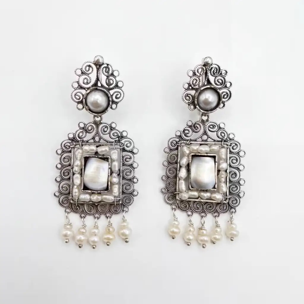 Oaxacan Filigree Sterling silver earrings with square pearls