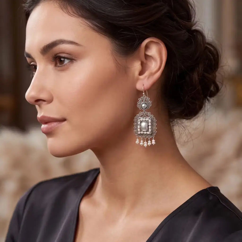 Oaxacan Filigree Sterling silver earrings with square pearls