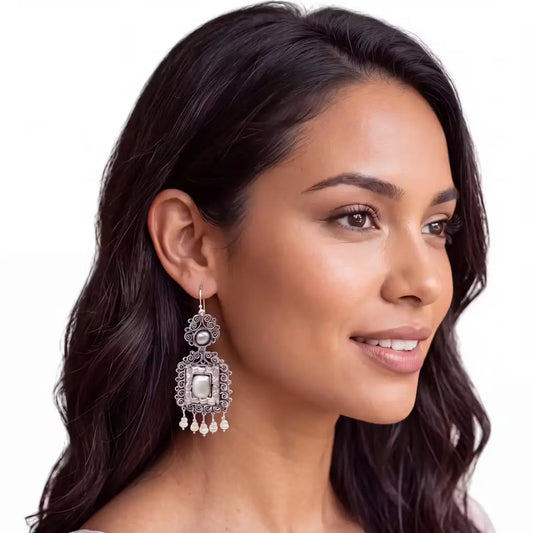 Oaxacan Filigree Sterling silver earrings with square pearls