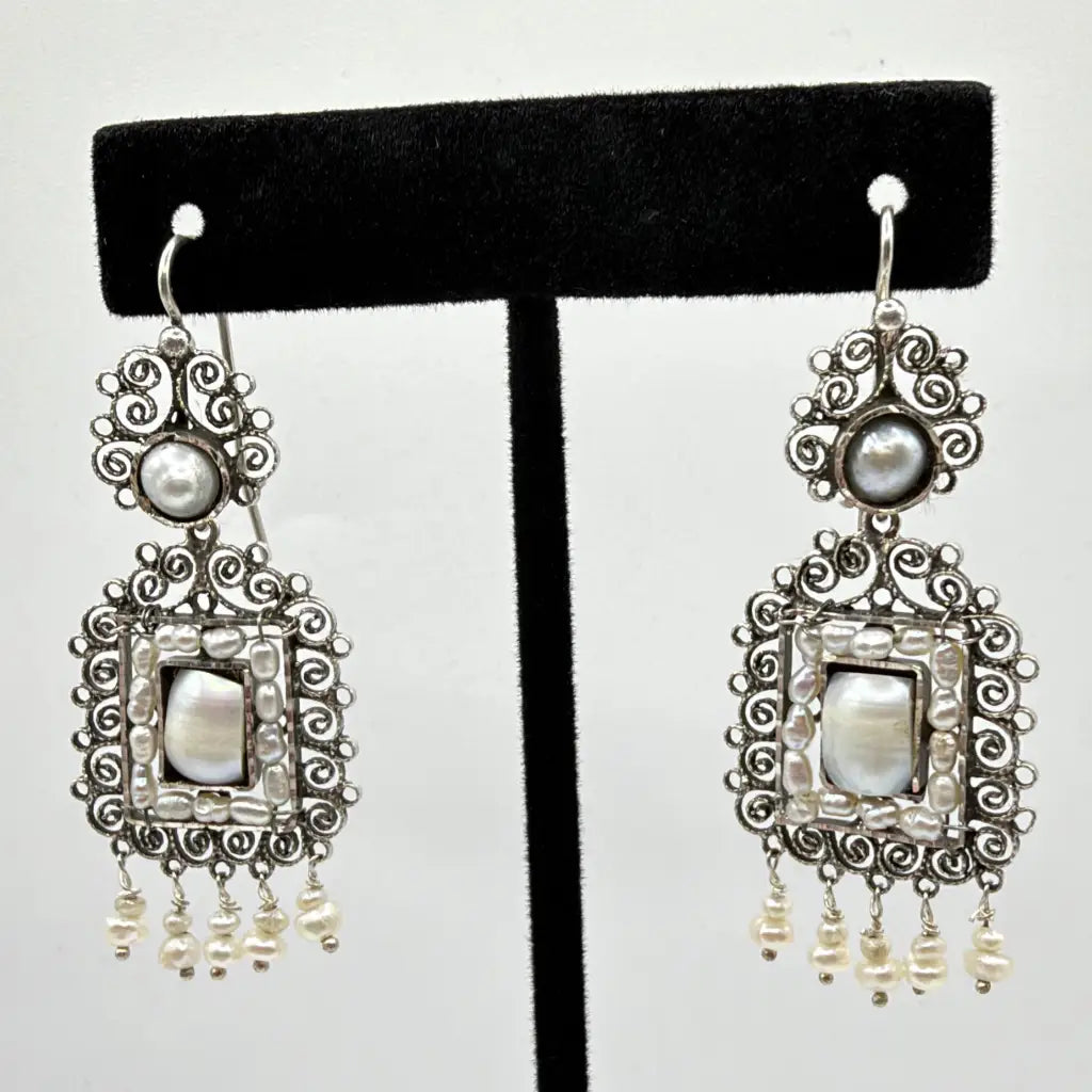 Oaxacan Filigree Sterling silver earrings with square pearls