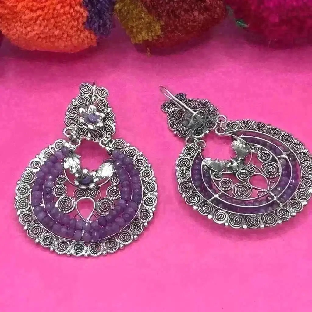 Oaxacan floral silver filigree earrings with amethyst