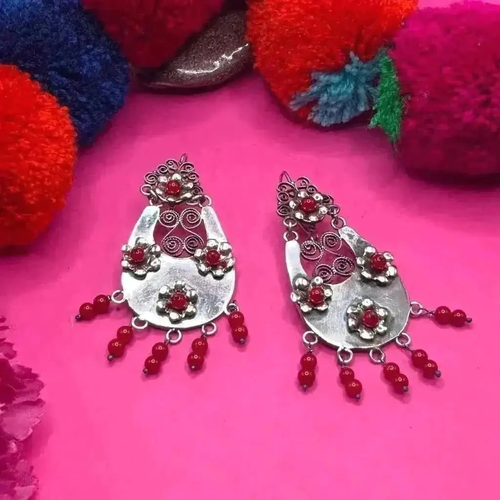Oaxacan grande silver filigree earrings coral Flowers