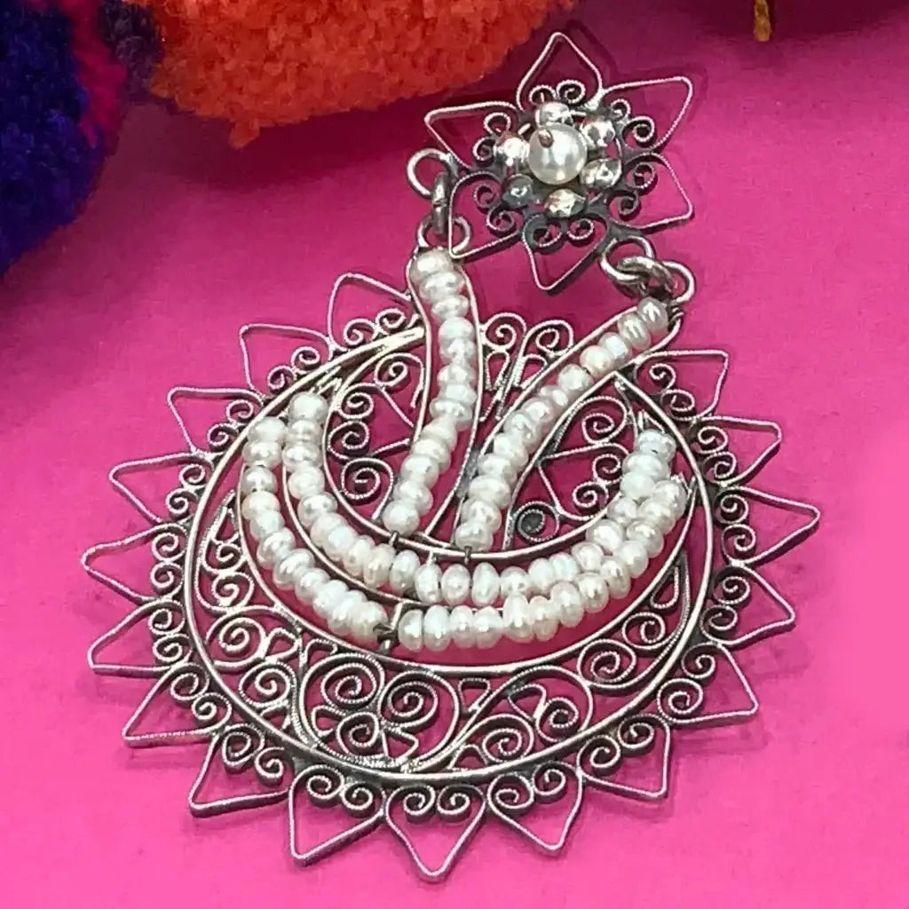 Oaxacan pearl silver filigree earrings statement