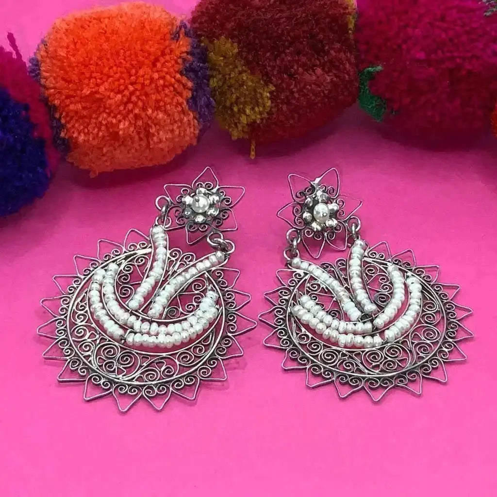 Oaxacan pearl silver filigree earrings statement