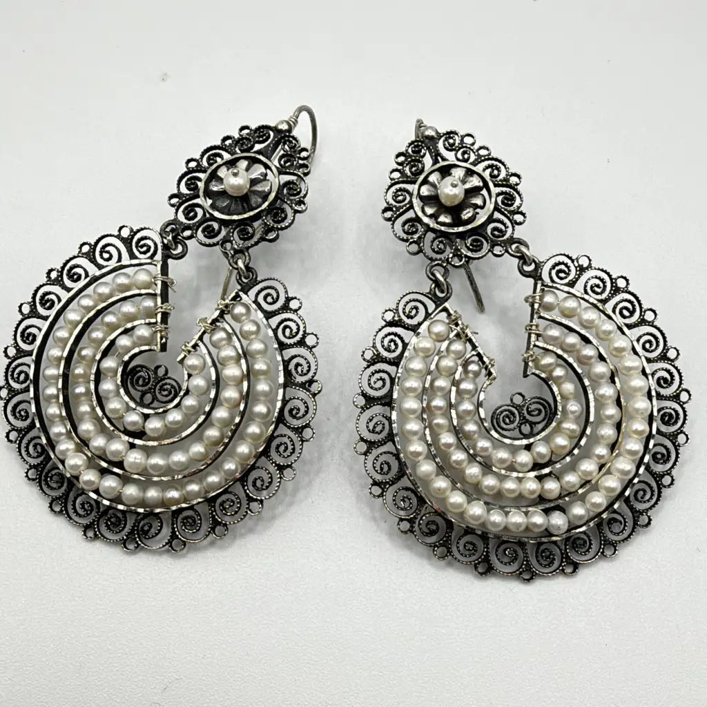 Oaxacan pure silver filigree earrings with pearls