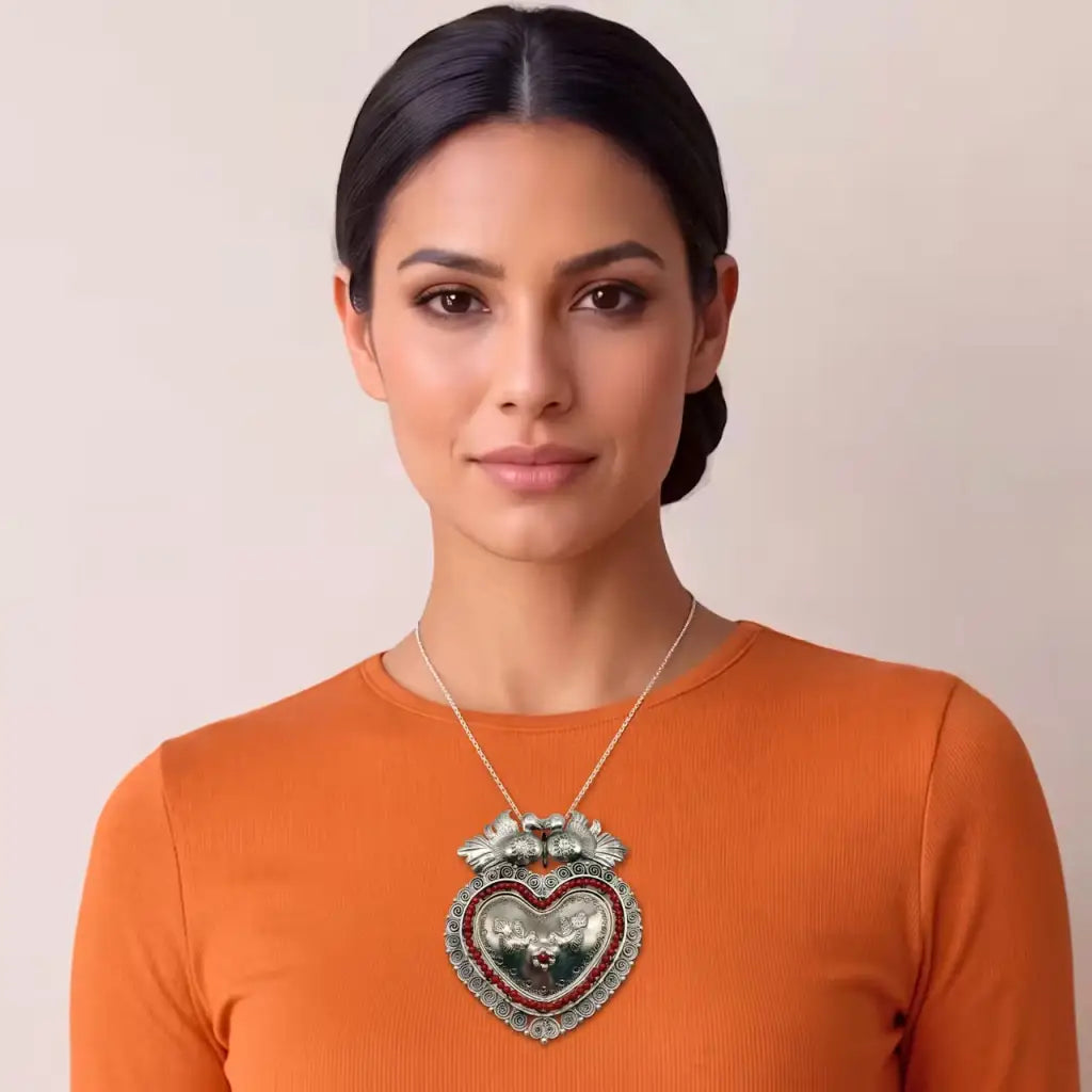 Oaxacan Silver filigree heart pendant with coral -pure